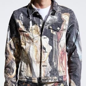 Mens Lifted Anchors Renaissance Art Print Denim Jacket Small Leopard Lined